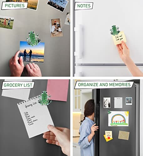 Fridge magnets holding pictures, notes, and grocery list.