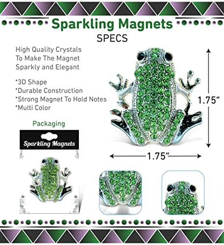 Green sparkling frog magnet with crystals and specs.