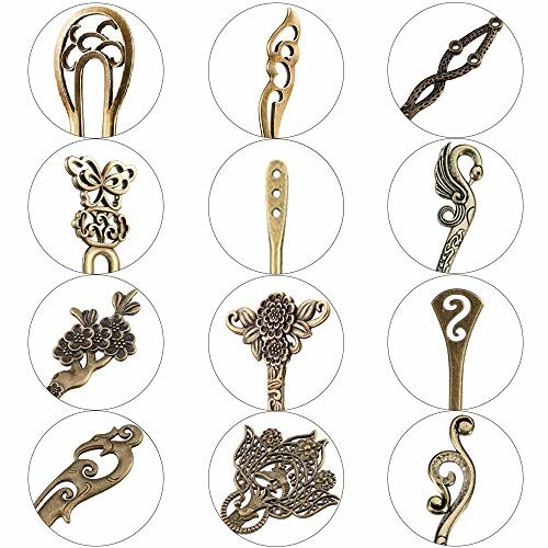 Set of 12 vintage-style metal hair sticks with various ornate designs.