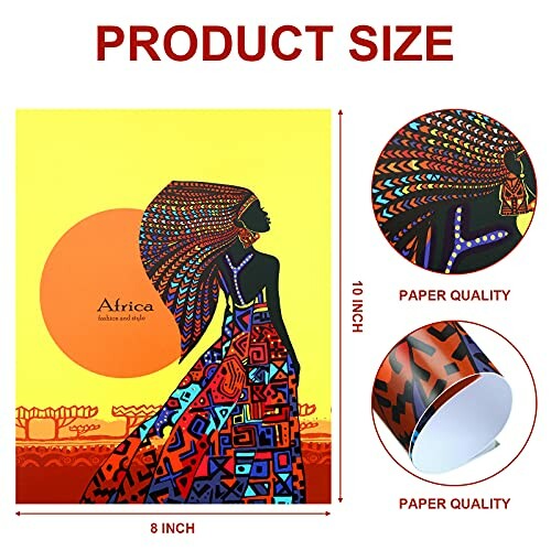 African woman poster with colorful dress, labeled product size.