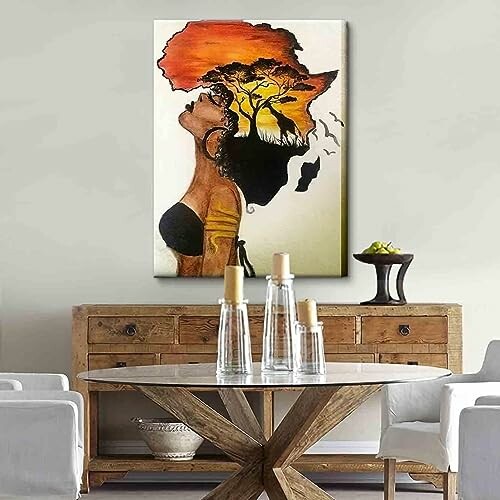 African profile silhouette wall art in a living room setting.