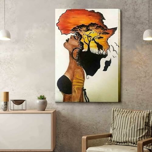Painting of a woman's silhouette with African landscape inside.