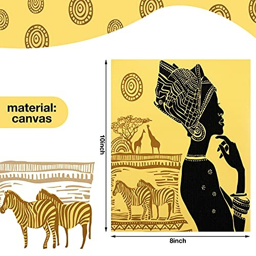 Silhouette of African woman with animals and patterns on canvas