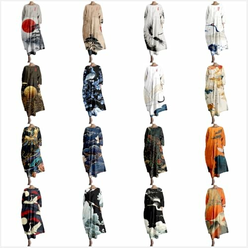 Collection of artistic kimono dresses with various patterns.