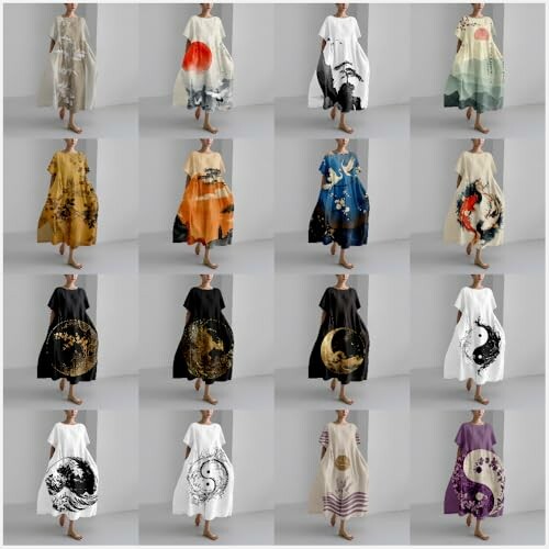 Collection of dresses with abstract and nature-inspired patterns.