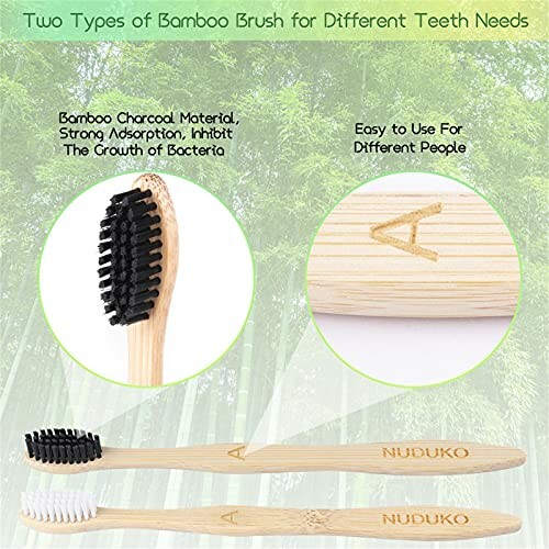Two types of bamboo toothbrushes with different bristles for various teeth needs.