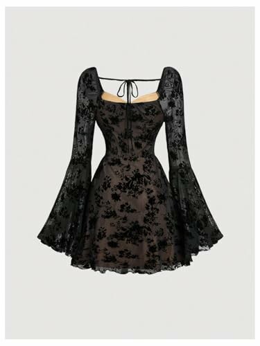 Black floral lace dress with bell sleeves.