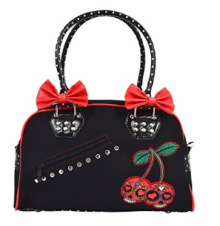 Black handbag with red bows and cherry skull design