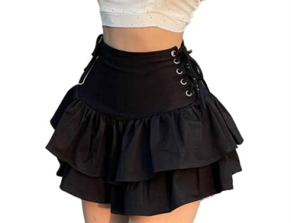 Black layered skirt with laces on sides.