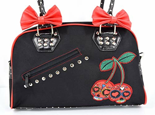 Black purse with red bows, skull cherry design, and studs.