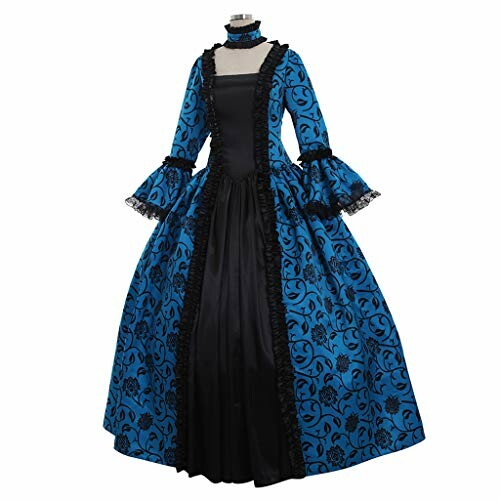 Blue Victorian-style ball gown with black floral patterns and ruffled sleeves.