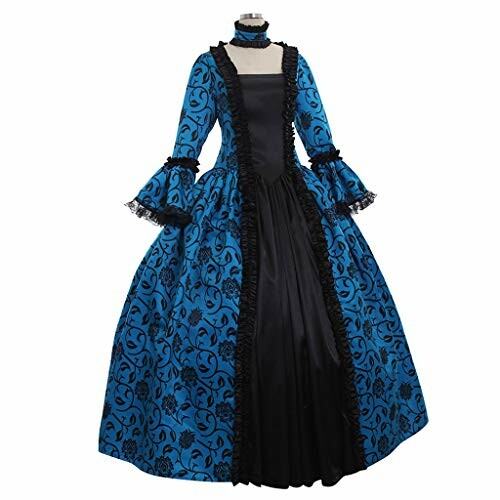 Blue Victorian-style gown with black floral patterns.
