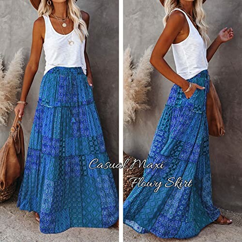 Woman wearing a blue patterned maxi skirt and white tank top.
