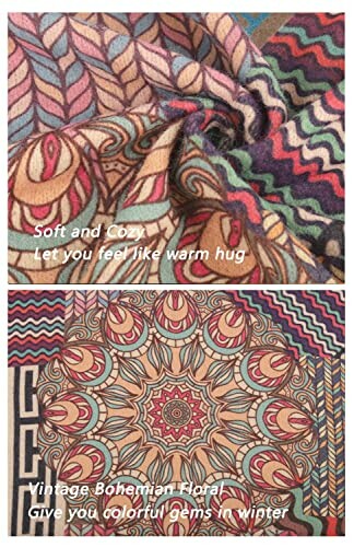 Colorful bohemian floral and wave patterns on fabric.