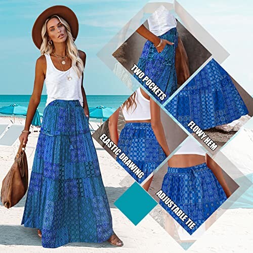 Woman wearing a blue bohemian maxi skirt with adjustable tie and pockets on the beach.