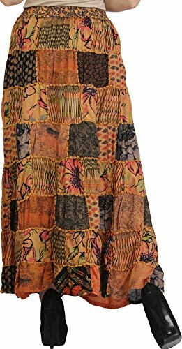 Patchwork bohemian maxi skirt in earthy tones.