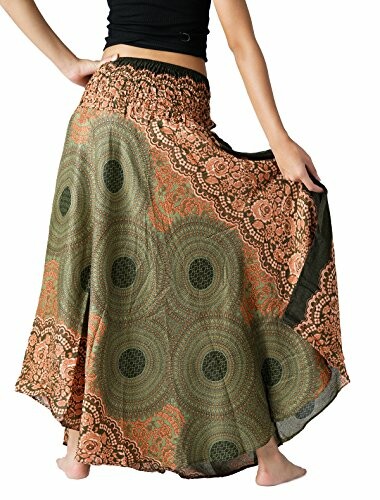 Person wearing a bohemian-style maxi skirt with intricate patterns.