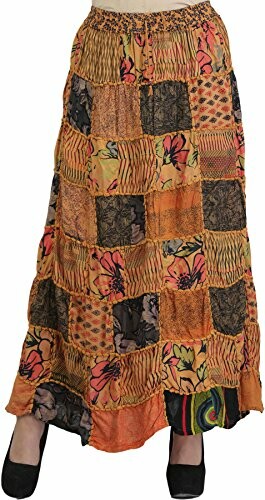 Colorful patchwork maxi skirt with floral and geometric patterns.