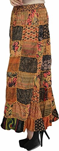 Bohemian patchwork maxi skirt with floral designs.