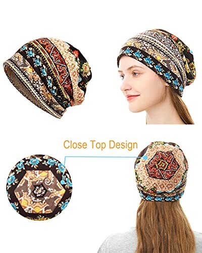 Woman wearing a colorful bohemian-style headscarf with close top design.