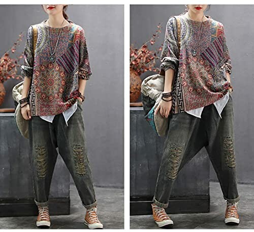 Person wearing bohemian-style top and distressed jeans.