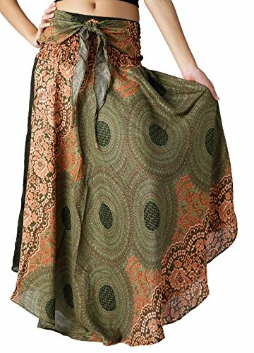 Bohemian-style green and orange wrap skirt with intricate patterns.