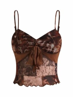 Brown patchwork cami top with spaghetti straps.