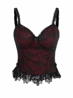 Burgundy lace corset top with black lace trim