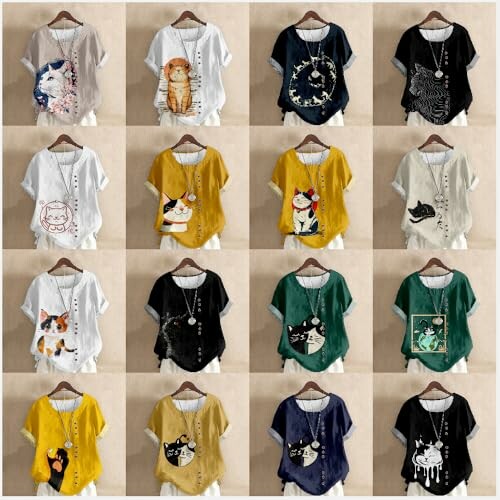 Collection of cat-themed t-shirts with various designs.