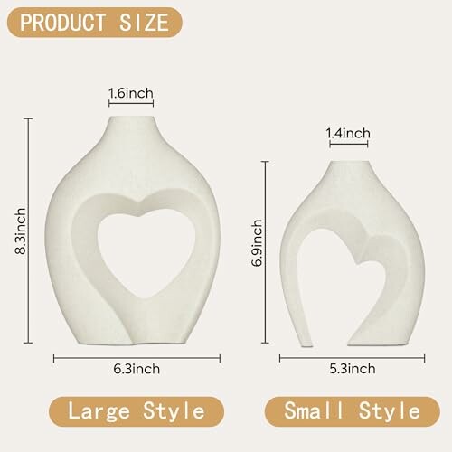 Two heart-shaped ceramic vases with dimensions.