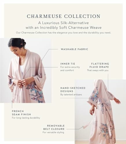 Woman wearing a charmeuse robe with features like washable fabric, inner tie, flattering fluid drape, hand-sketched designs, French seam finish, and removable belt closure.