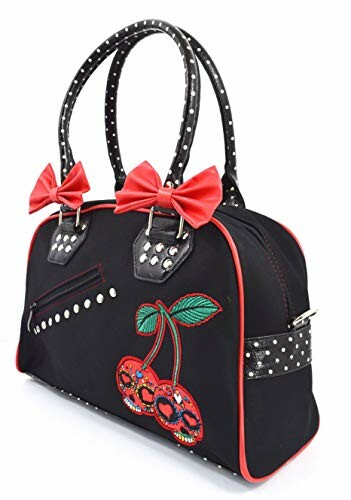 Black handbag with cherry embroidery and red bows