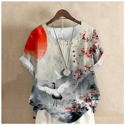 Japanese Print Women Summer Shirts