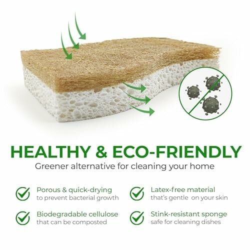 Eco-friendly cleaning sponge with benefits listed.