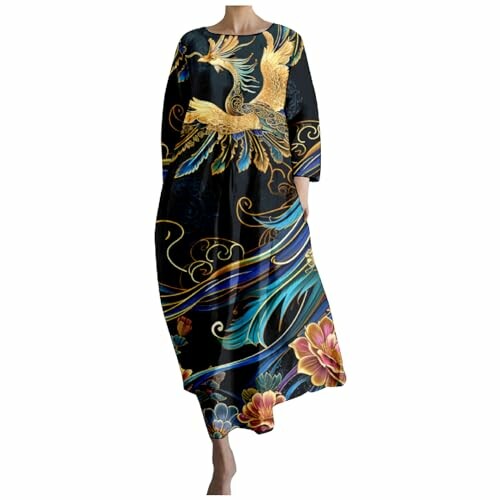 Elegant dress with bird and floral design.