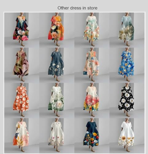 Collection of floral dresses on mannequins in various colors and patterns.
