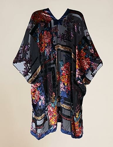 Colorful floral kimono robe on a plain background.