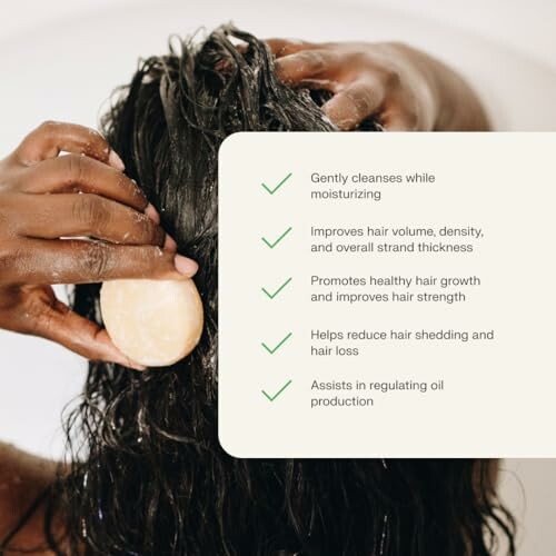 Person washing hair with soap, benefits checklist displayed.