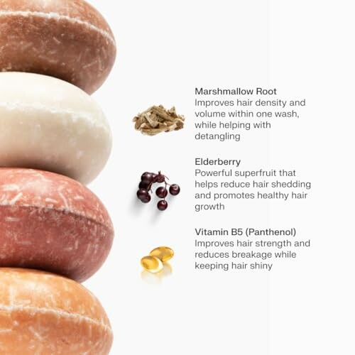 Natural hair care ingredients: marshmallow root, elderberry, vitamin B5, and shampoo bars.
