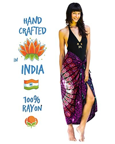 Woman wearing a colorful handcrafted sarong with text highlighting it as 100% rayon from India.