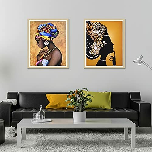 Living room with African art paintings and modern furniture.