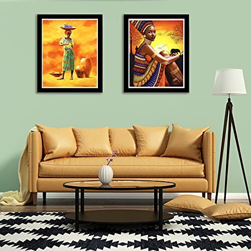 Living room with yellow sofa, African art on wall, and floor lamp.