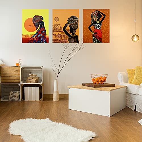 Living room with modern art on the wall and cozy decor.