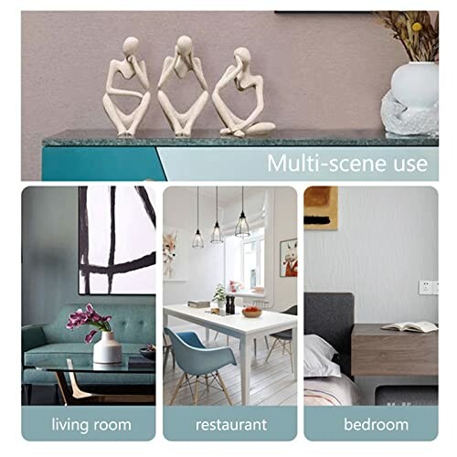 Collage of modern home decor featuring abstract sculptures and interior design ideas for living room, restaurant, and bedroom.