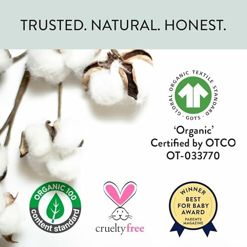 Cotton with organic certifications and awards logos.