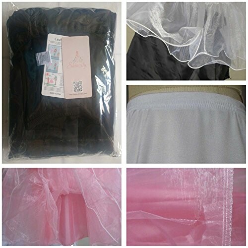 Collage of petticoat packaging and fabric details.