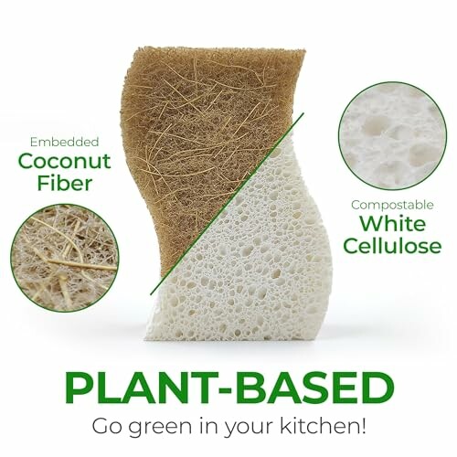 Plant-based kitchen sponge with coconut fiber and white cellulose.