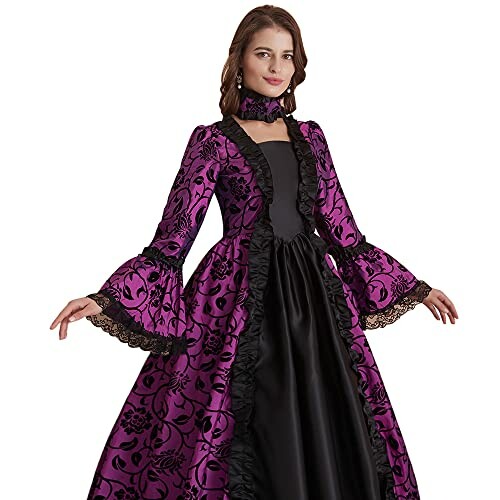 Woman in a purple Victorian-style dress with lace details