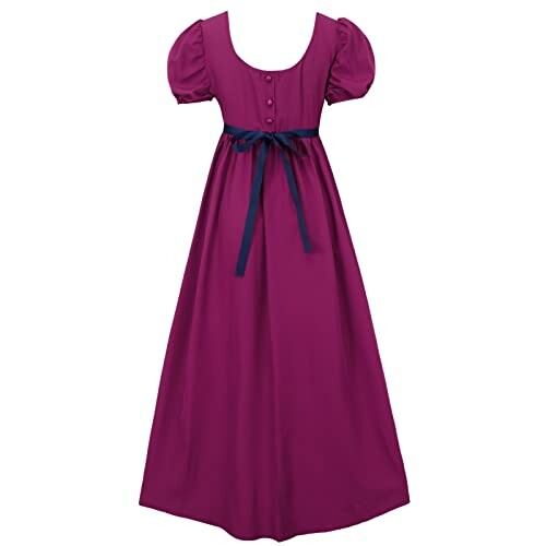 Purple vintage dress with puff sleeves and ribbon belt