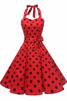 Red halter neck dress with black polka dots and bow